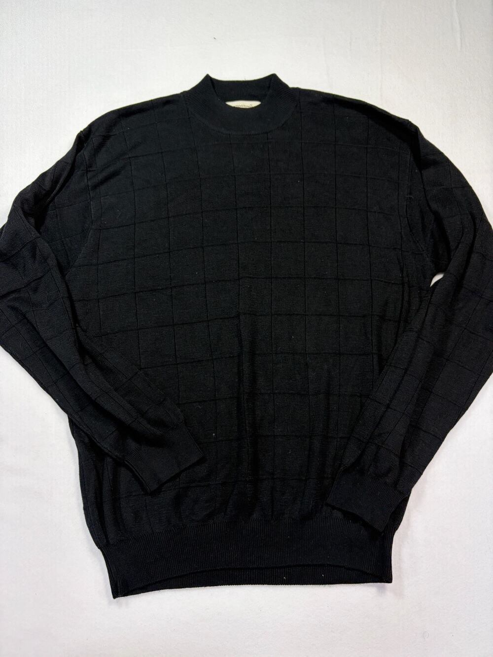 Pronto Uomo Mens M 100% Silk Black Windowpane Crewneck Sweater Long Sleeve